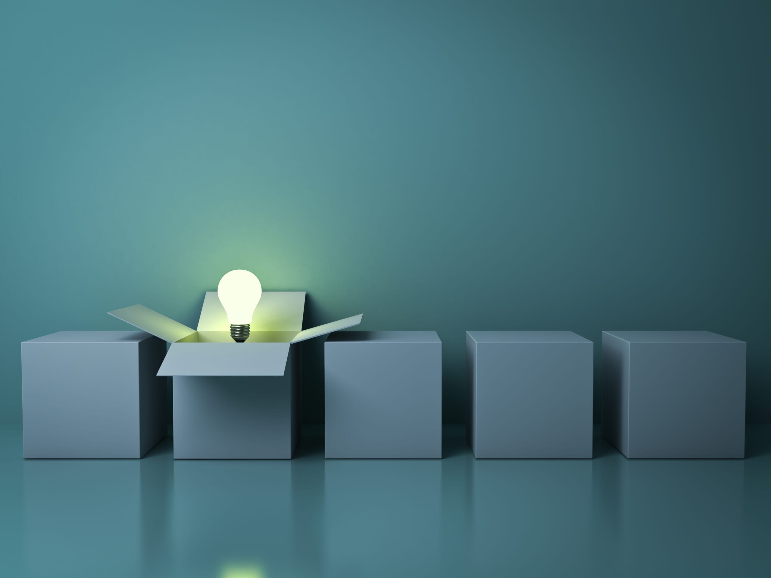 Stand out from the crowd different creative idea concepts , One white opened box with idea light bulb glowing among close square boxes on green background in the row with reflections . 3D render