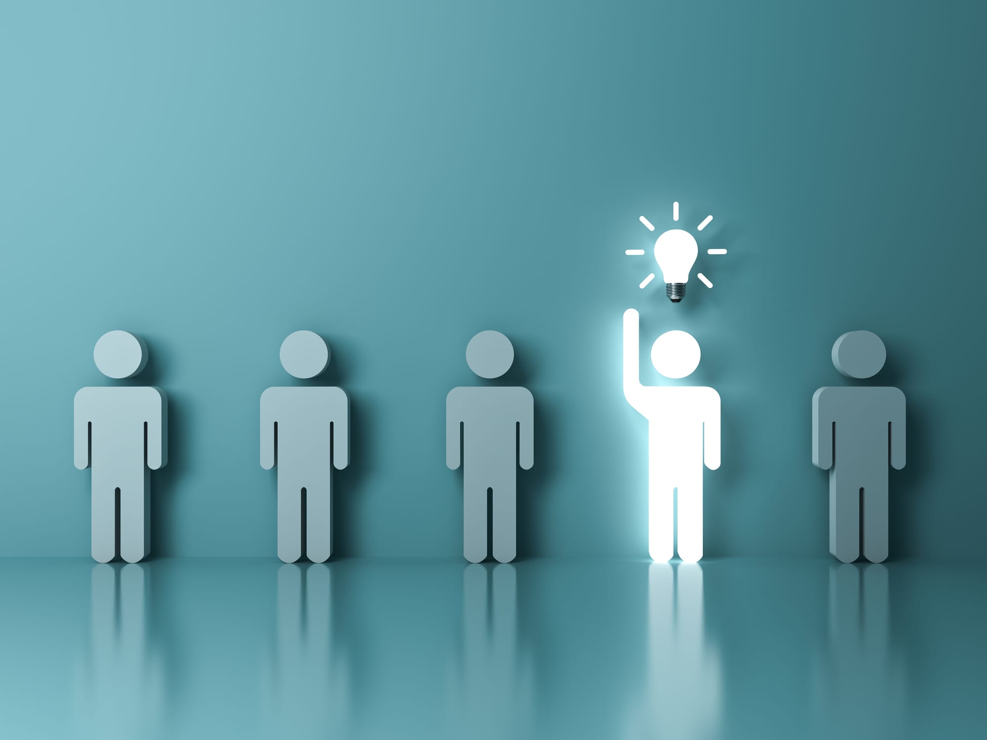 Stand out from the crowd and different concept , One glowing light man raising his hand got an idea bulb among other people on light green pastel color background with reflections . 3D rendering